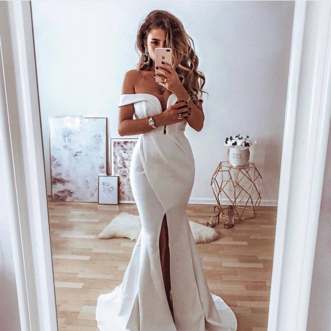 Elegant Off-the-Shoulder Split Front Sexy Mermaid Lace Wedding Dress-27Dress.co.uk