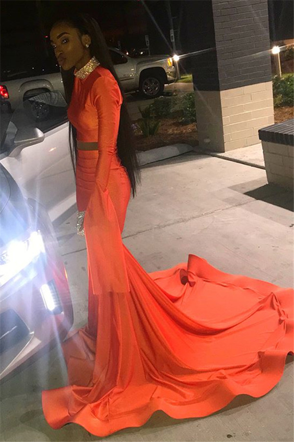 Elegant Orange Long-Sleeves High-Neck Elegant Trumpt Long Prom Dress UK