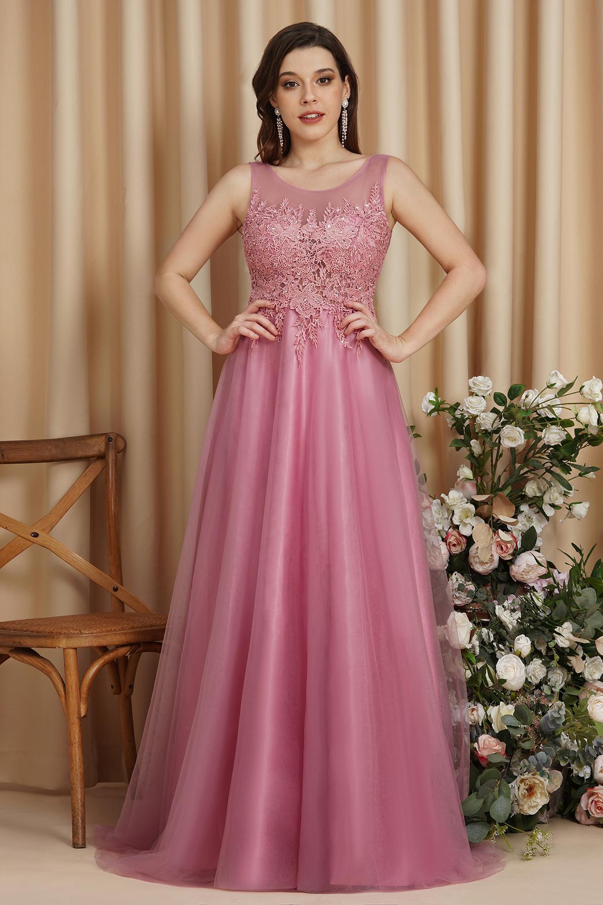 Stylish Scoop Neck Tulle Aline Evening Dress Floral Lace Long Bridesmaid Dresses Sleeveless