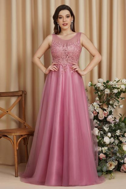 Stylish Scoop Neck Tulle Aline Evening Dress Floral Lace Long Bridesmaid Dresses Sleeveless
