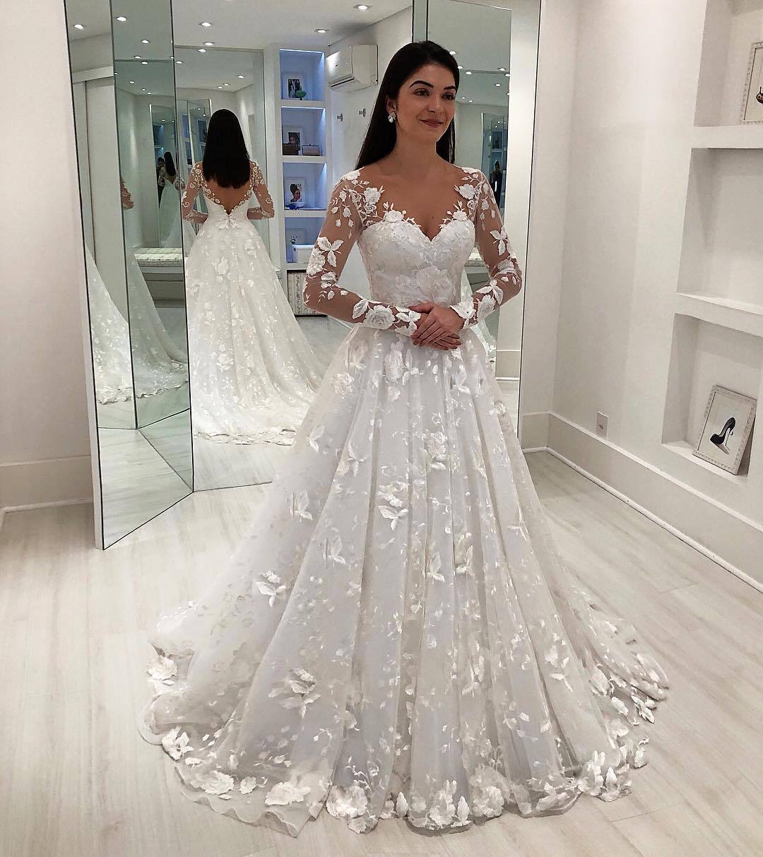 V-Neck Applique Long Sleeves A-Line Tulle Court Train Wedding Dresses UK
