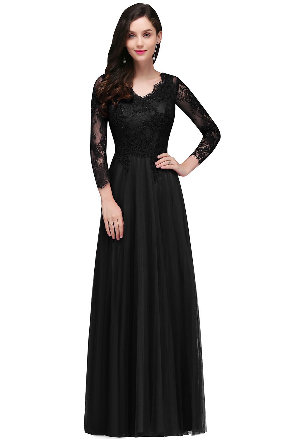 V-Neck Long-Sleeves Burgundy Floor-Length A-line Prom Dress UKes UK