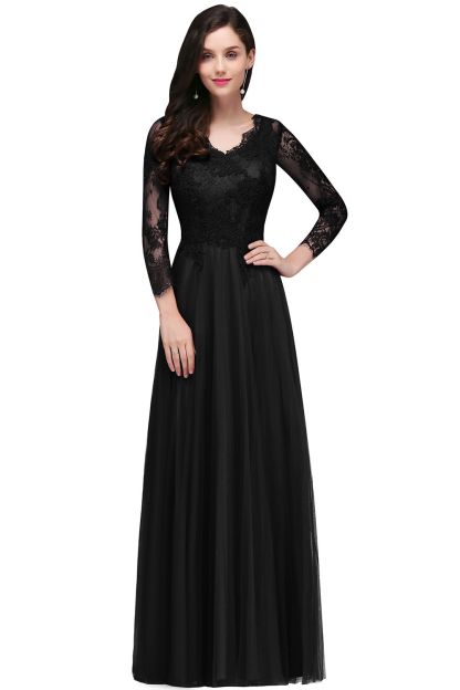 V-Neck Long-Sleeves Burgundy Floor-Length A-line Prom Dress UKes UK