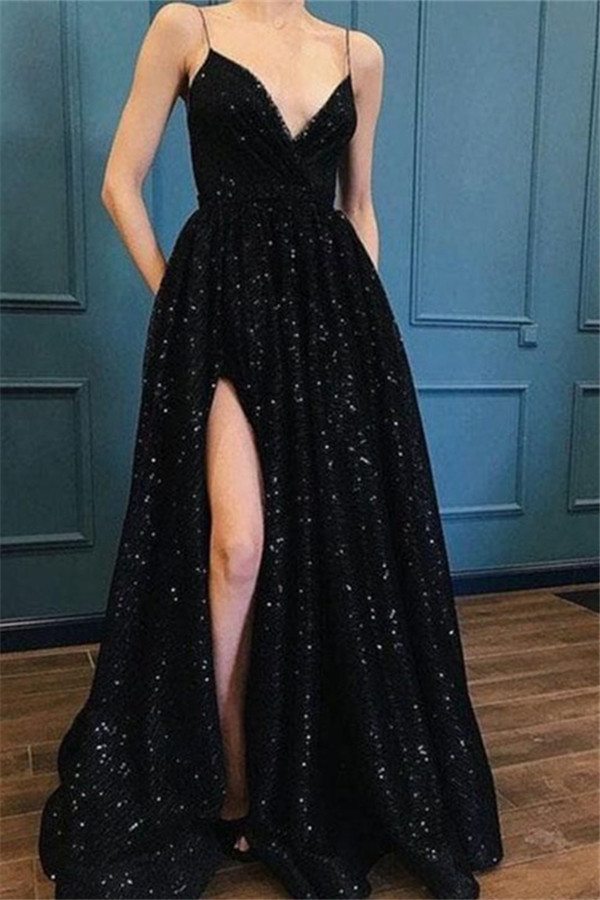 Spaghetti Strap Sequins Prom Dress UKes UK Sleeveless Side Slit Elegant Evening Dress UKes UK