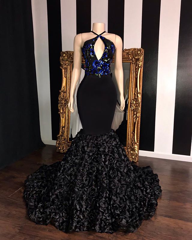 Timeless black Sleeveless Florals Elegant Trumpt Prom Dress UKes UK UK | Sexy Halter Sequins Lace Appliques Evening Dress UKes UK-27Dress.co.uk
