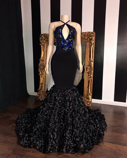 Timeless black Sleeveless Florals Elegant Trumpt Prom Dress UKes UK UK | Sexy Halter Sequins Lace Appliques Evening Dress UKes UK