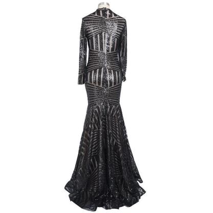Sequined Black Mermaid High-Neck Elegant Long-Sleeves Prom Dress UK jj0085