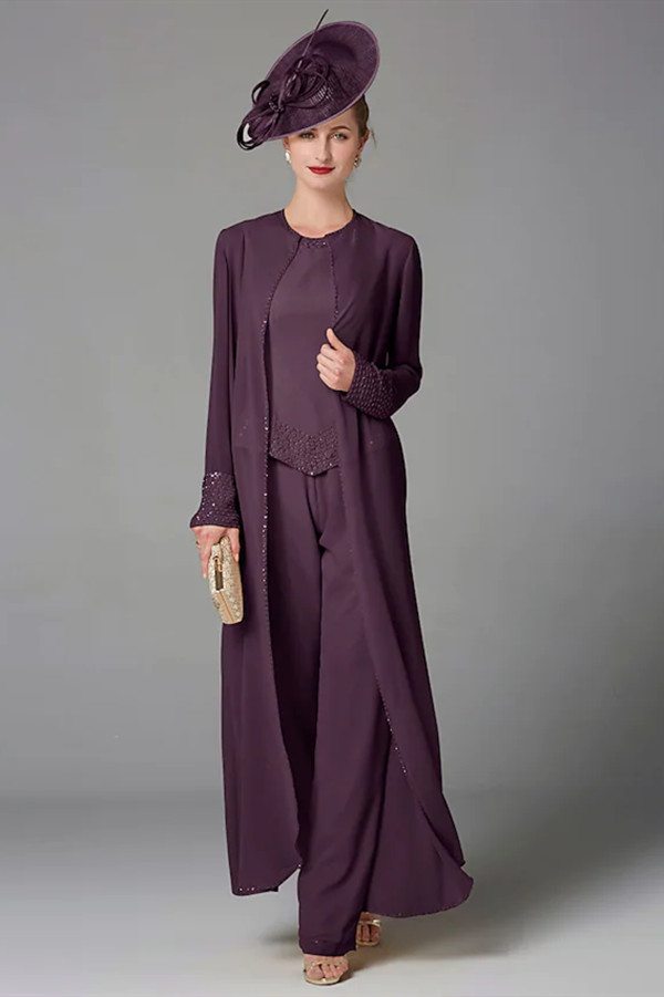 Plus Size Jumpsuit 3 Piece Mother of the Bride Dress Elegant Wrap Included Bateau Neck Floor Length Chiffon Sleeveless with Beading Appliques