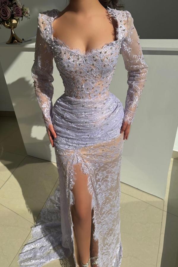 Charming Square Neck Lace Side Split Prom Dress Long Sleeves