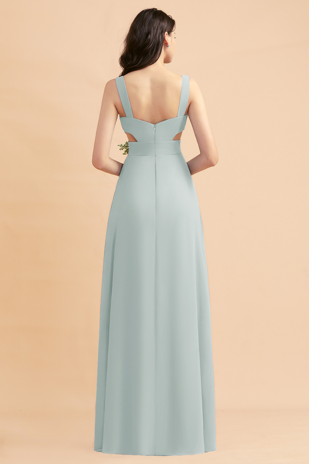 Dusty Blue Chiffon Bridesmaid Dress with Side Slit Long Wedding Guest Dress