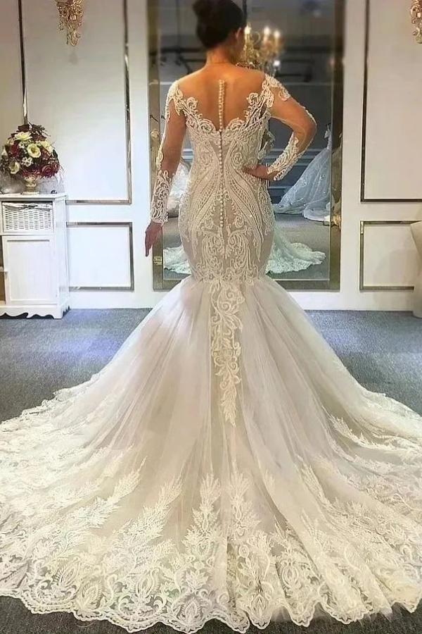 Luxury Long Sleeves V-Neck Tulle Lace Mermaid Bridal Gown with Sweep Train