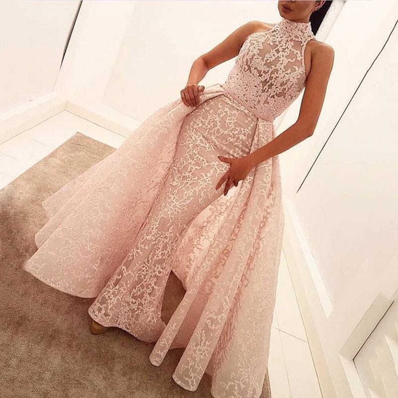Popular Illusion Sleeveless High-Neck Unique Lace Sheath Puffy Overskirt Prom Dress UK jj0157