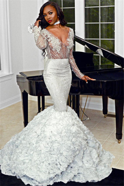 Sexy Elegant Mermaid Sexy V-Neck Flower Lace Appliques Long Sleeves Prom Dress UKes UK UK-27Dress.co.uk