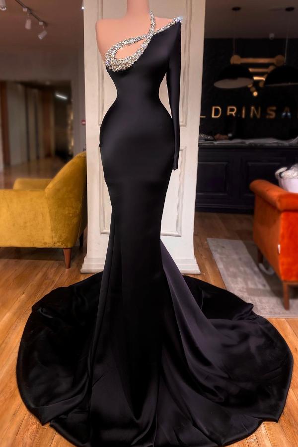 One Shoulder Black Mermaid Prom Dress Shiny Crystals Satin Evening Dress