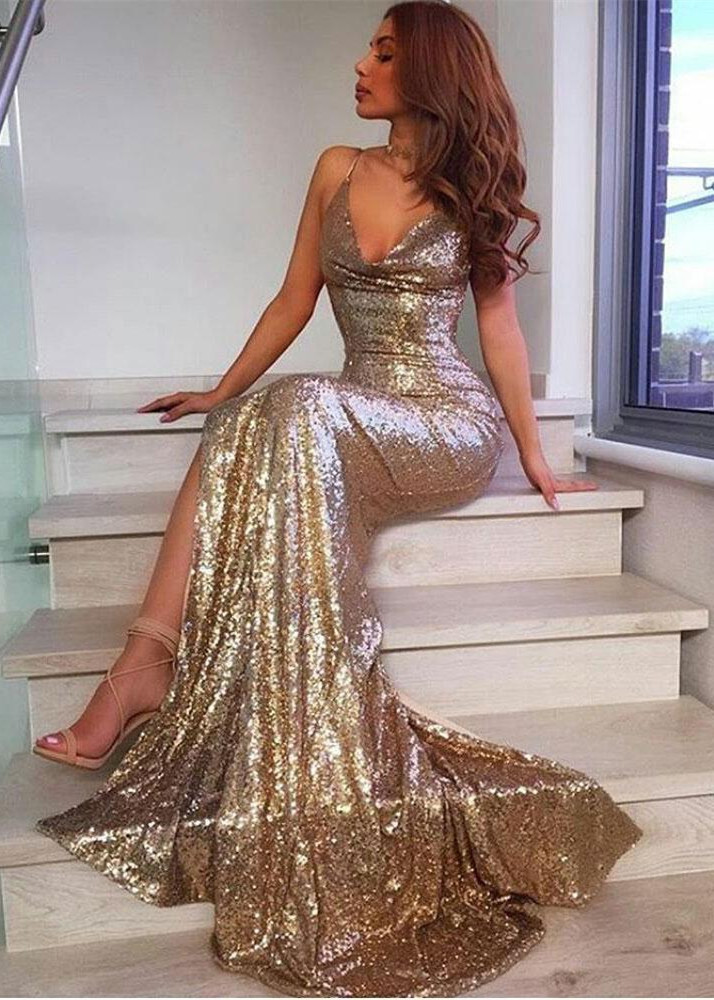 V-Neck Sequins Prom Dress UK | Mermaid Evening Dress UK With Slit