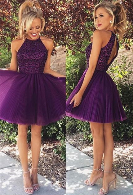Sexy Purple Beadings High Neck Homecoming Dress UK Short