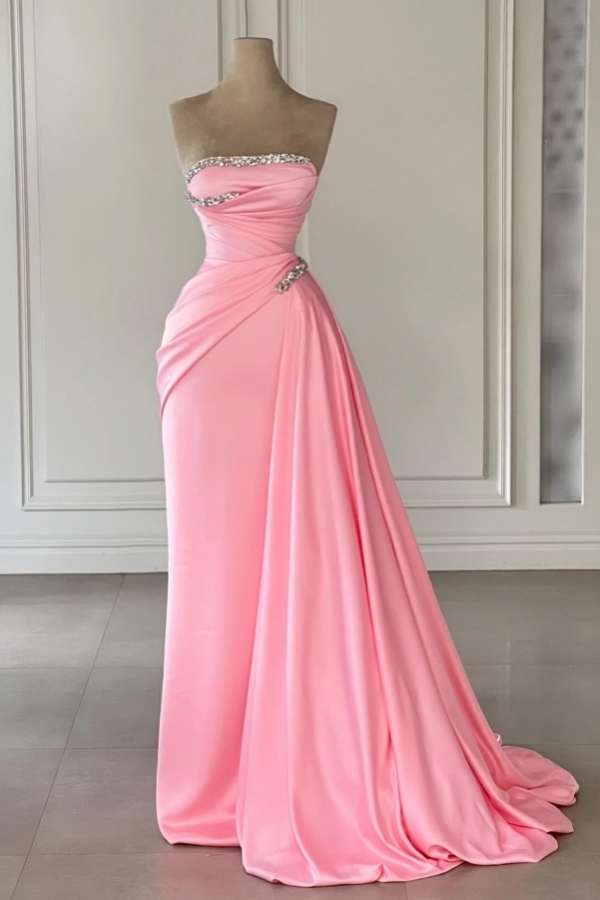 Strapless Pink Ruched Satin Floor Length Evening Party Dress Glitter