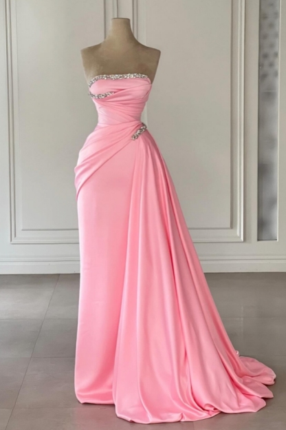 Strapless Pink Ruched Satin Floor Length Evening Party Dress Glitter
