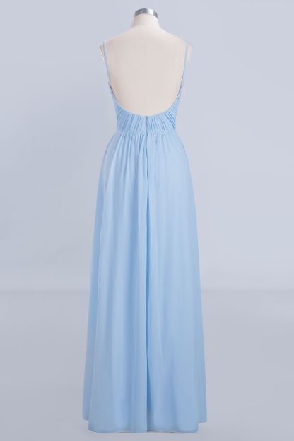 V-Neck Spaghetti Straps A-Line Chiffon Bridesmaid Dress UK with Sweep Train