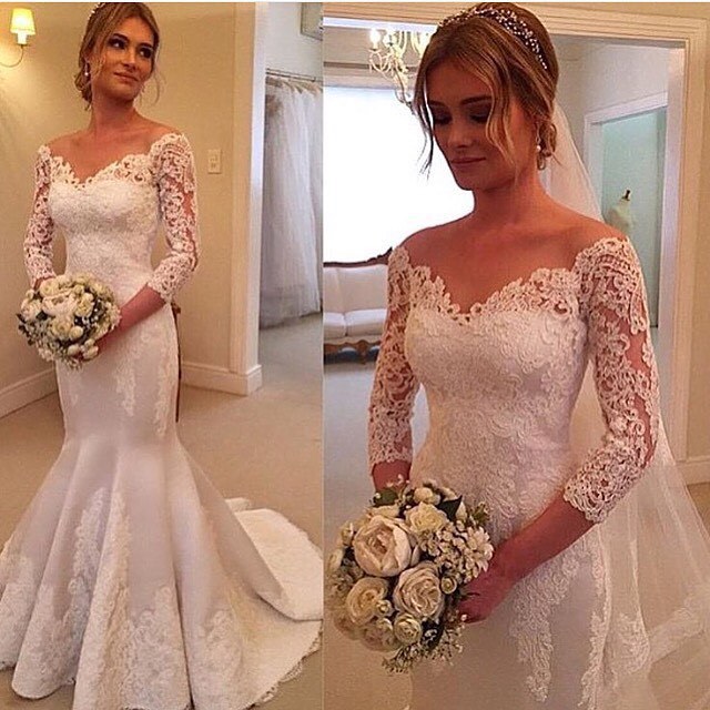 Modern Off-the-shoulder 3/4-longth-sleeve Sexy Mermaid Wedding Dress With Lace Appliques