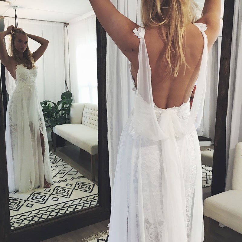 Chic Backless Lace Wedding Dresses UK Simple Side Slit Spaghetti -Strap Bridal Gowns