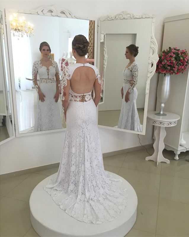 Lace Elegant Sexy Mermaid White Long-Sleeves Open-Back Appliques Wedding Dresses UK-27Dress.co.uk