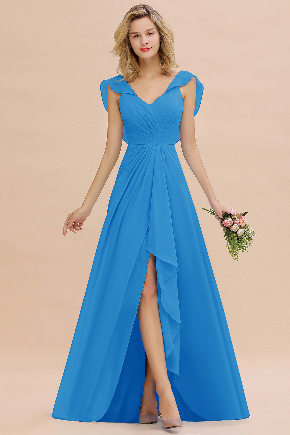 V-Neck A-line Bridesmaid Dress Chiffon Long Wedding Party Dress with Split