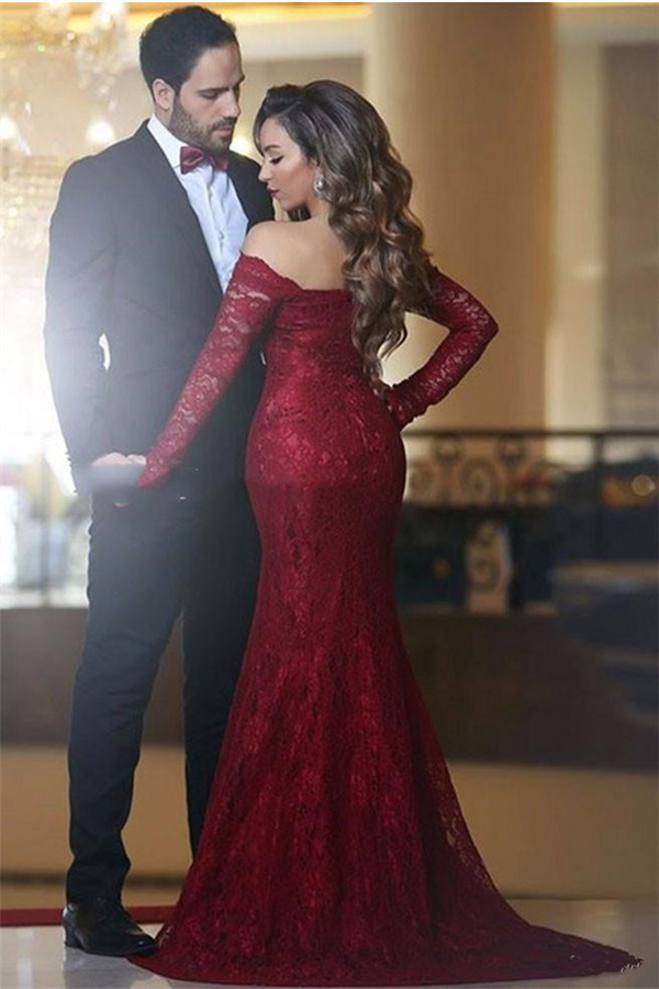 Lace Off-the-shoulder Red Sexy Long Long-Sleeve Mermaid Evening Dress UK BA3596