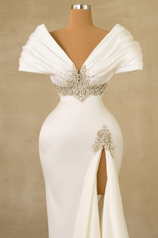 Off-the-Shoulder Ruffle Satin Side Split Trumpet Evening Dress Floor Length Formal Dress
