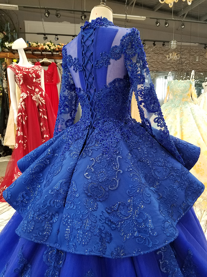 Long Sleeves Ball Gown Applique Tulle Beads Court Train Prom Dress UK UK