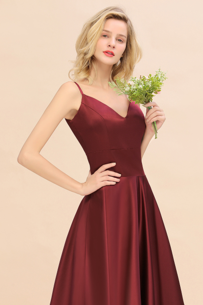Spaghetti Straps Burgundy Satin Long Bridesmaid Dress Simple V-Neck Party Dress