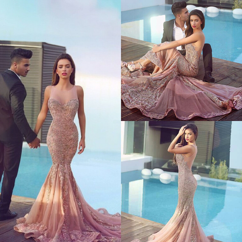 Luxurious Sleeveless Sequins Mermaid Evening Dress UK Tulle Lace Appliques MH100