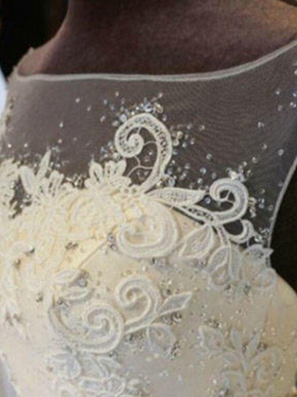 Applique Lace Ball Gown Off-the-Shoulder Sleeveless Ribbon Beads Sweep Train Wedding Dresses UK