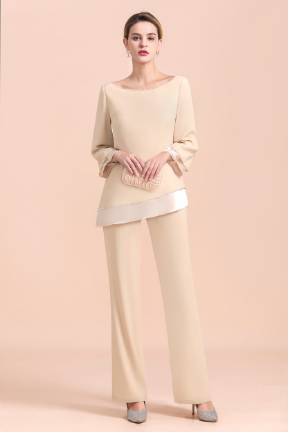 Round-Neck Champagne Chiffon Mother of Bride Jumpsuit for Wedding Guest