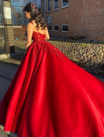 Glitter Spaghetti Straps Red Aline Evening Dresses Sweetheart Sleeveless Satin Formal Dress