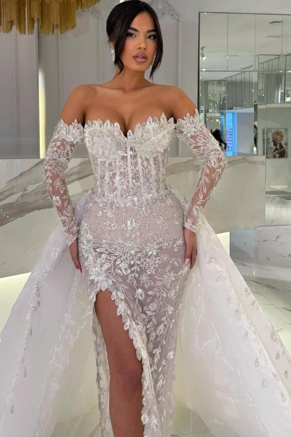 Stylish White Lace Side Slit Evening Dress with Sweep Train