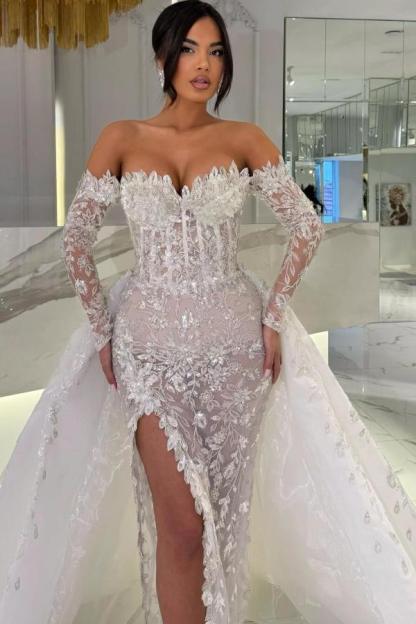 Stylish White Lace Side Slit Evening Dress with Sweep Train
