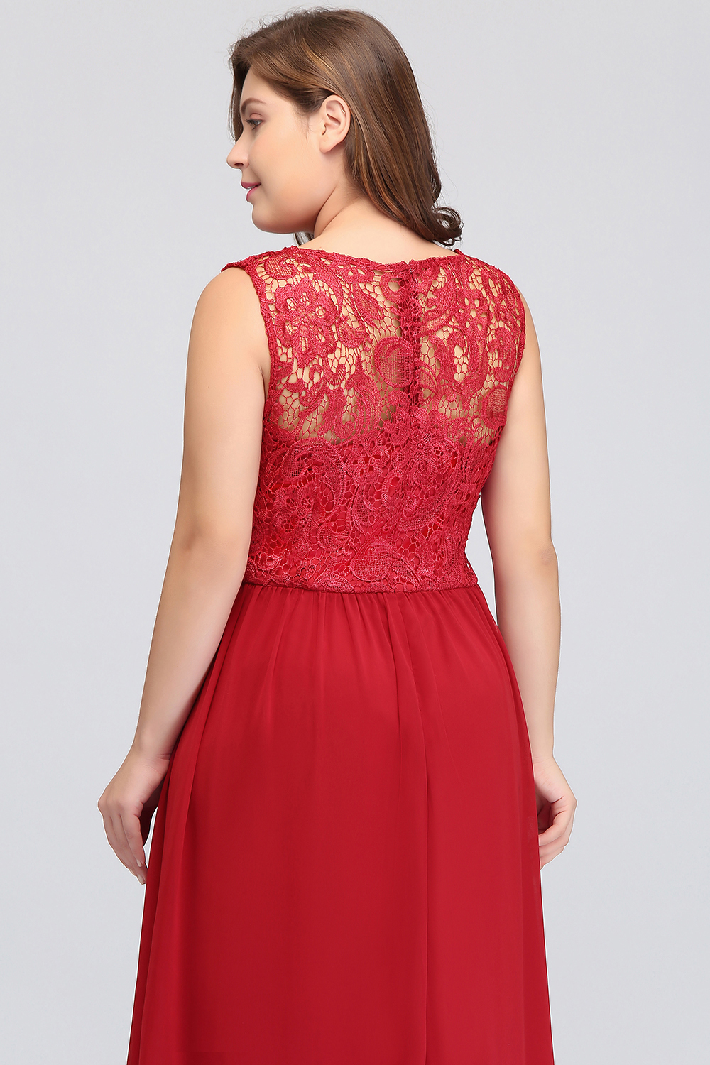 Modest Scoop Neck Floral Lace Formal Dress Floor Length Chiffon Bridesmaid Dress