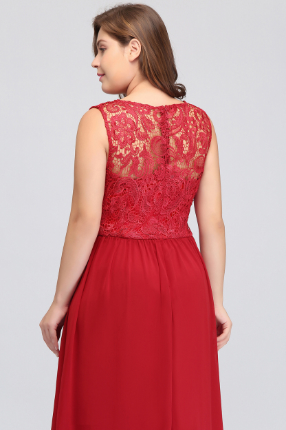 Modest Scoop Neck Floral Lace Formal Dress Floor Length Chiffon Bridesmaid Dress