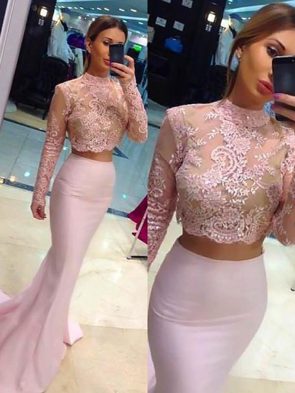 Sexy High Neck Lace Appliques Long Sleeves Prom Dress UKes UK Mermaid Pink Lace Two Piece Evening Dress UKes UK