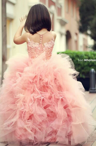 Pink Chic Ruffles Flower Girl Dresses Ball Gown Sleeveless Formal Party Gowns