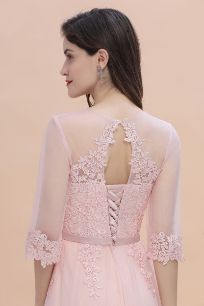 Elegant Half Sleves Pink Lace Tulle Bridesmaid Dress V-Neck Long Wedding Party Dress