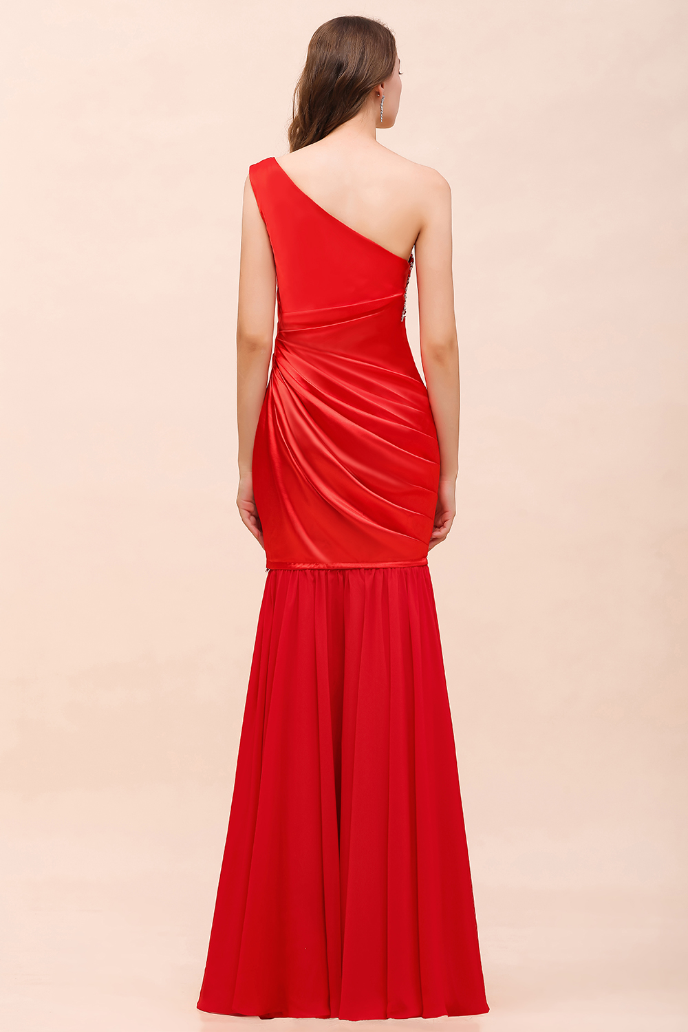 One Shoulder Red Beadings Long Bridesmaid Dress with Detachable Skirt