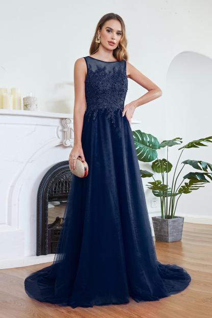 Stylish Scoop Neck Tulle Aline Evening Dress Floral Lace Long Bridesmaid Dresses Sleeveless