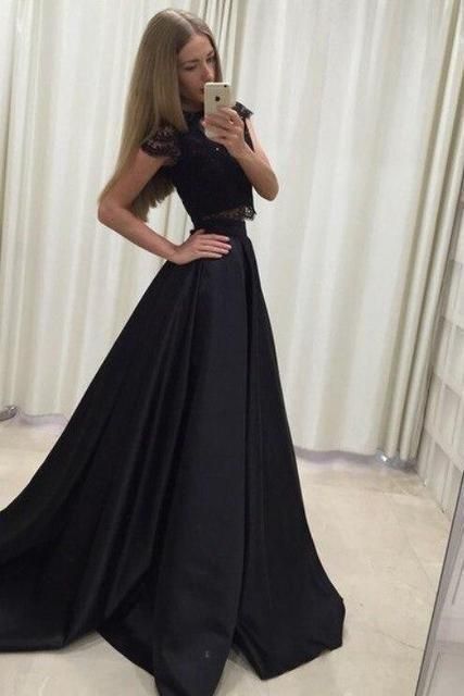 Lace Appliques Jewel Prom Dress UKes UK Two Piece Ruffles Sleeveless Evening Dress UKes UK
