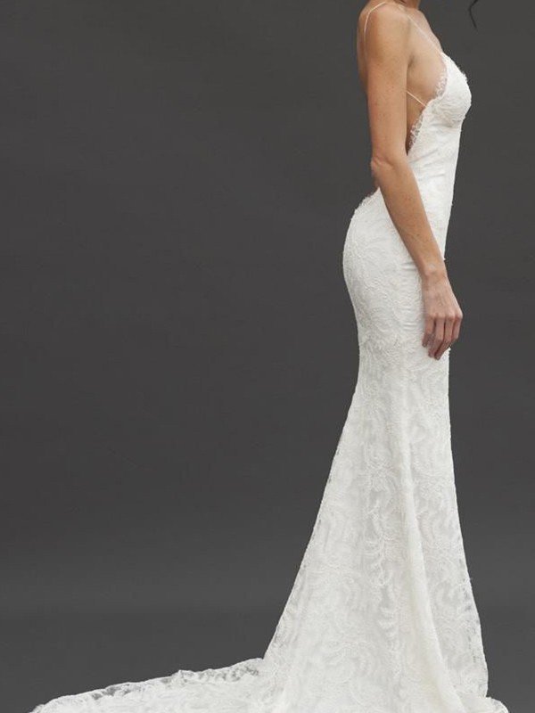 Court Train Sheath Spaghetti Straps Lace Sleeveless V-neck Wedding Dresses UK