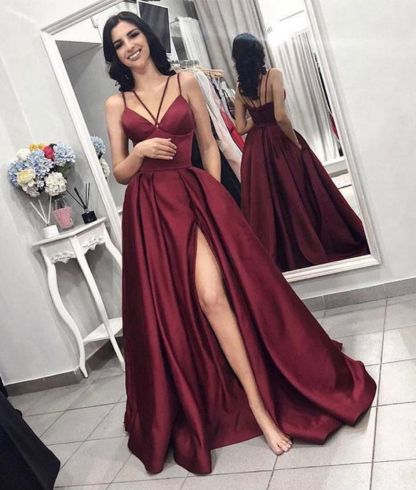 Elegant Sleeveless Front Split Prom Gown | Wine Red Maroon Spaghetti-Straps A-Line Evening Dress UK