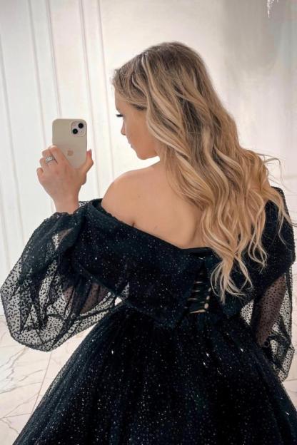 Vintage Black Glitter Sequins Ankle Evening Dress Aline Party Wear Dress with Puffy Sleeves