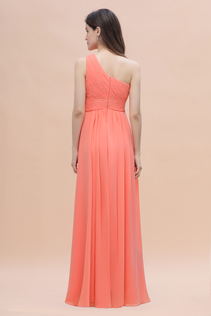 Elegant One Shoulder Coral Chiffon Bridesmaid Dress