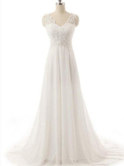 Sweep Train A-Line Lace V-Neck Sleeveless Wedding Dresses UK-27Dress.co.uk